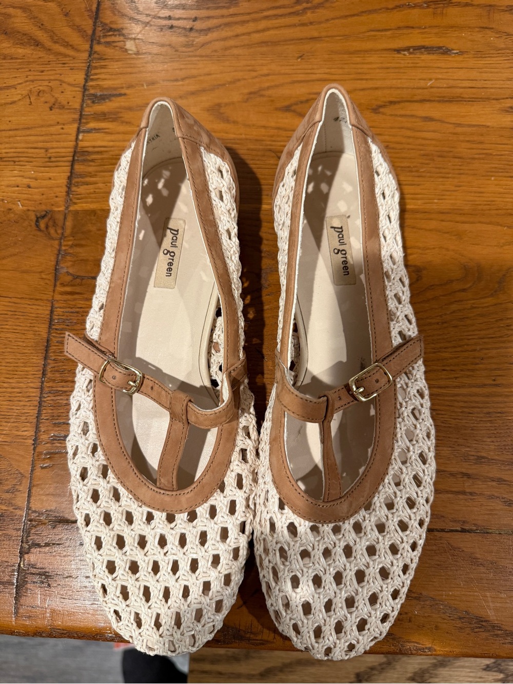 Paul Green Cream Crochet Mary Jane Flats with Tan Trim